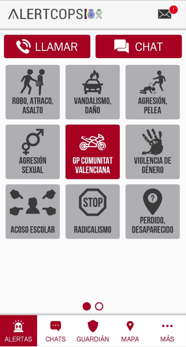 Imagen de la página de incio de Alertcops con la alerta Geo del Gran Premio Motul de la Comunitat Valenciana activado